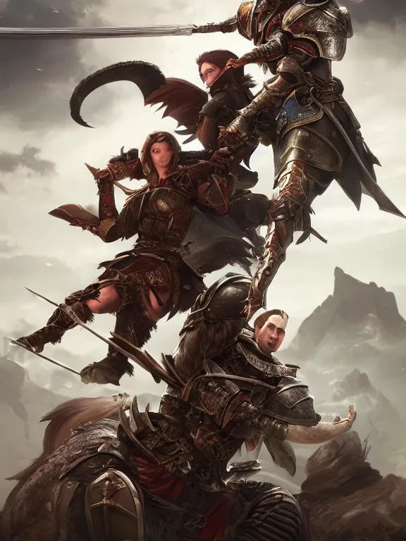 Prompt: a beautiful hyper realistic detailed epic game cover despising a noble knight women guided by the spirit of the great raccoon, in the style of dragon age, featured on artstation