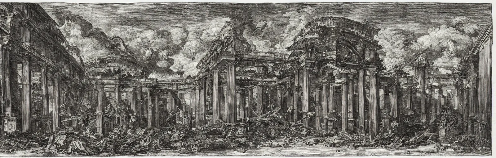 Image similar to a imaginative and theatrical architectural prison landscape, etching by giovanni battista piranesi