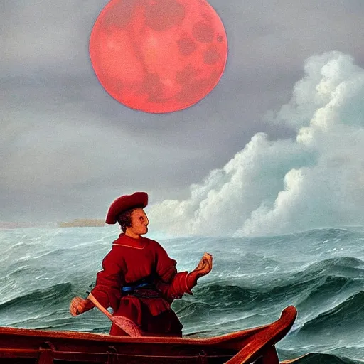 Prompt: the age of discovery, red moon over stormy ocean, huge clouds in the form of a gigantic octopus, the greatest adventurer standing on a 1 5 th century sampan boat holding a