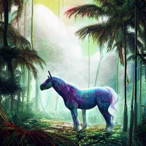 Image similar to a unicorn in a misty jungle, hyperdetailed, photorealist, artstation, vaporwave