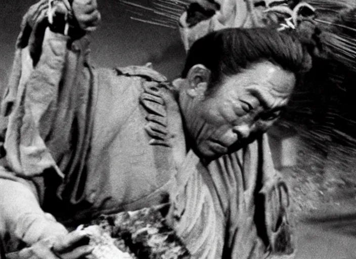 Image similar to a movie still of a samurai slicing through a loaf of bread by Akira Kurosawa