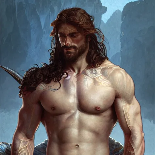 Image similar to portrait of a rugged dolphin warrior, muscular, upper body, hairy torso, D&D, fantasy, intricate, elegant, highly detailed, digital painting, artstation, concept art, matte, sharp focus, illustration, art by Artgerm and Greg Rutkowski and Alphonse Mucha