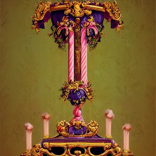 Prompt: baroque rococo painting Royal Fancy pedestal with cake on top Greg Hildebrandt Lisa Frank high detail cute adorable whimsical column