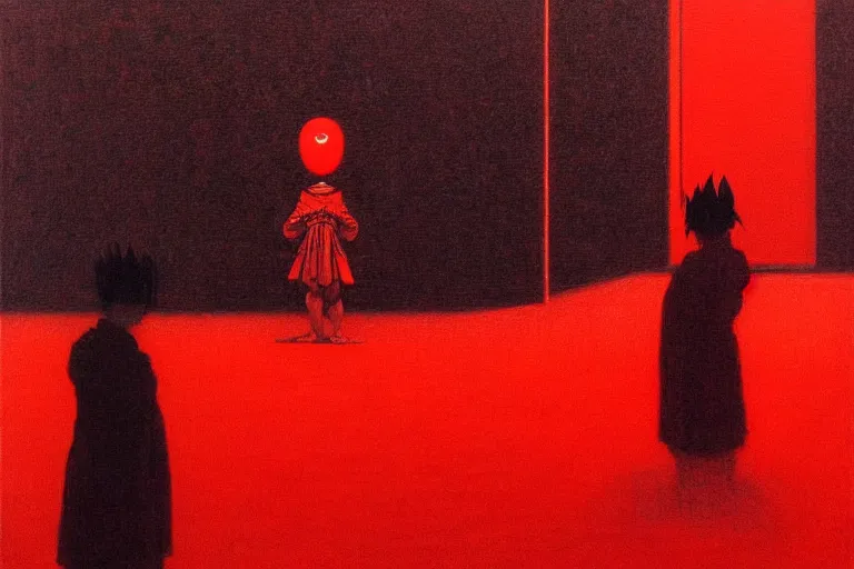 Image similar to only with red, a red samurai, tokio in background, some evil yokai, in the style of beksinski, parts by edward hopper, parts by rodcenko, parts by yue minjun, intricate and epic composition, red by caravaggio, insanely quality, highly detailed, masterpiece, red light, artstation, 4 k