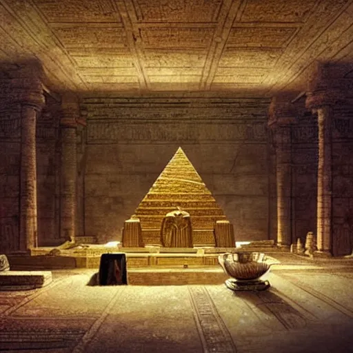 Prompt: an ancient egyptian room entirely made of gold, concept art, architecture design, pyramids, art by greg rutkowski