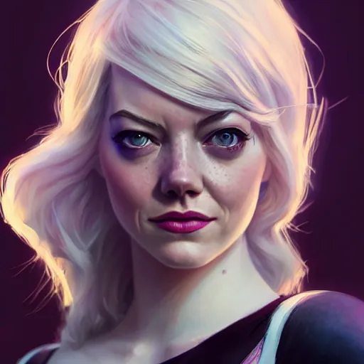 Image similar to beautiful Emma Stone as Spider-Gwen, western, closeup, D&D, fantasy, intricate, elegant, highly detailed, digital painting, artstation, concept art, matte, sharp focus, illustration, art by Artgerm and Greg Rutkowski and Alphonse Mucha