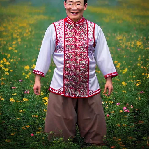 Image similar to surreal photography of smiling kim chen in. kim chen in is wearing traditional - ukrainian folk shirt designed by taras shevchenko.