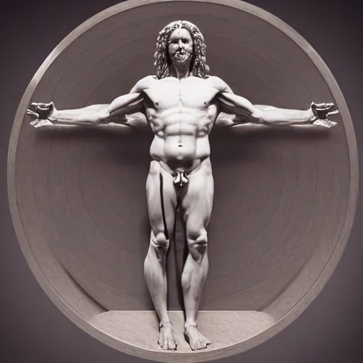 Prompt: Da Vinci's Vitruvian Man as a marble sculpture by Michelangelo, 4k, hyperrealistic, detailed, accurate anatomy, octane render, studio lighting