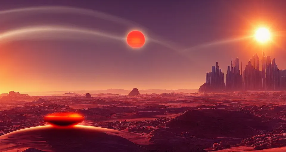 Image similar to Sci-fi landscape of a desert with two suns suns in the sky and futuristic city in the background, orange and purple colors, cinematic, science-fiction art wallpaper, stunning digital art