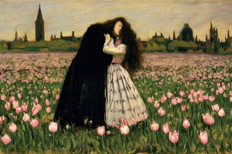 Image similar to hagrid and morticia addams kiss in a field of tulips, masterpiece, highly detailed, oil on canvas, art by walter sickert, john singer sargent, and william open