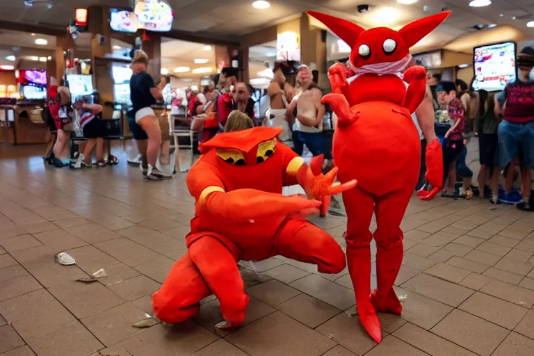 Image similar to cosplayer dressed like a cute crab, in 2 0 1 8, at an arbys, crabcore, royalcore, low - light photograph, photography by tyler mitchell