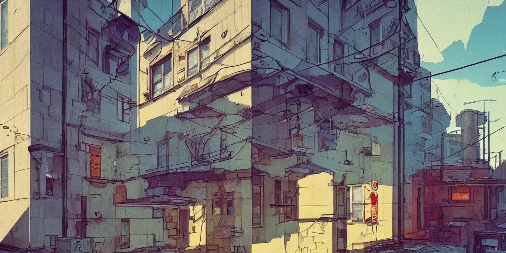 Image similar to neo brutralism, concrete housing, concept art, colorful, vivid colors, light, shadows, reflections, cinematic, 3D, in the style of Akihiko Yoshida and Edward Hopper