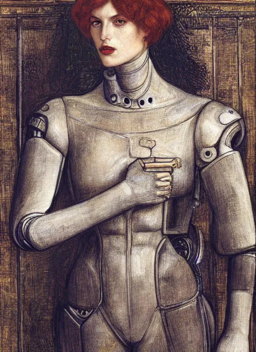 Image similar to a portrait of a robot cyborg by Dante Gabriel Rossetti, pre-raphaelite style