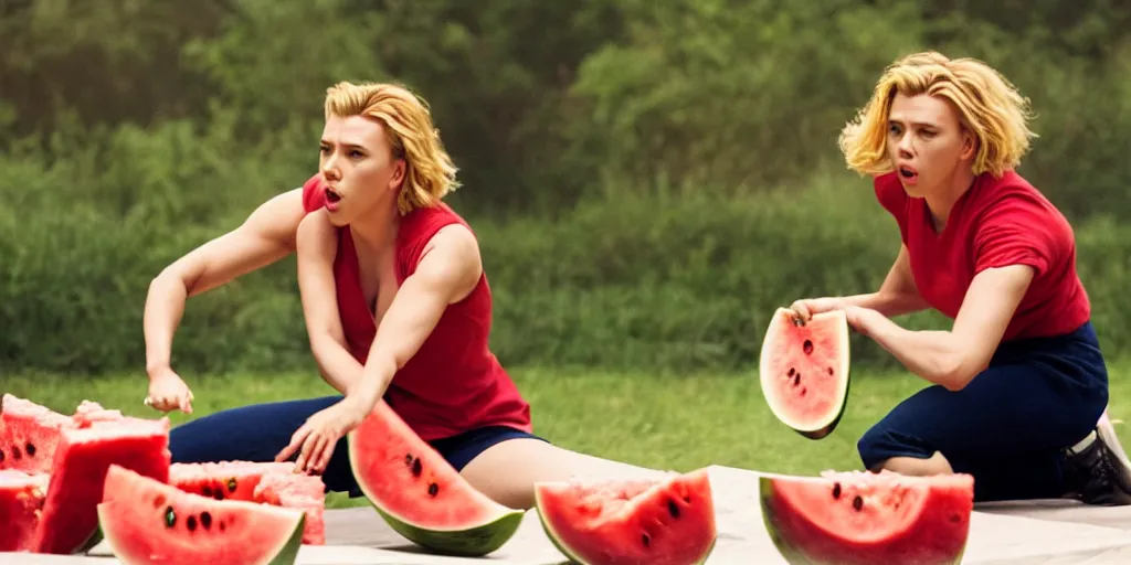 Image similar to scarlett johansson roundhouse kicking and smashing a watermelon, film still, highly detailed, film grain, behind the scenes, photorealism