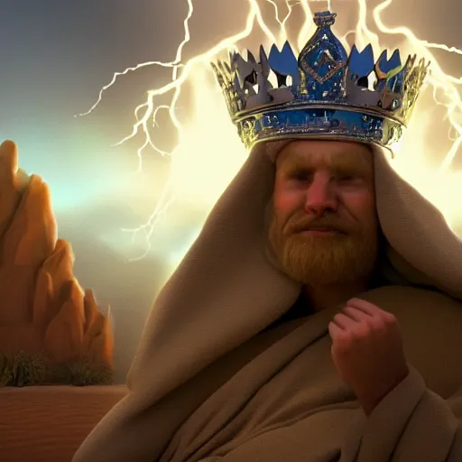 Image similar to a man with a crown on his head, dressed in a robe, sitting on a throne, in the desert, in the background a thunderstorm, pixar, artstation, high detailed,