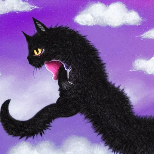 Image similar to super detailed black fluffy cat riding a purple dragon in a storm, ultrarealistic, highly detailed, soft colors