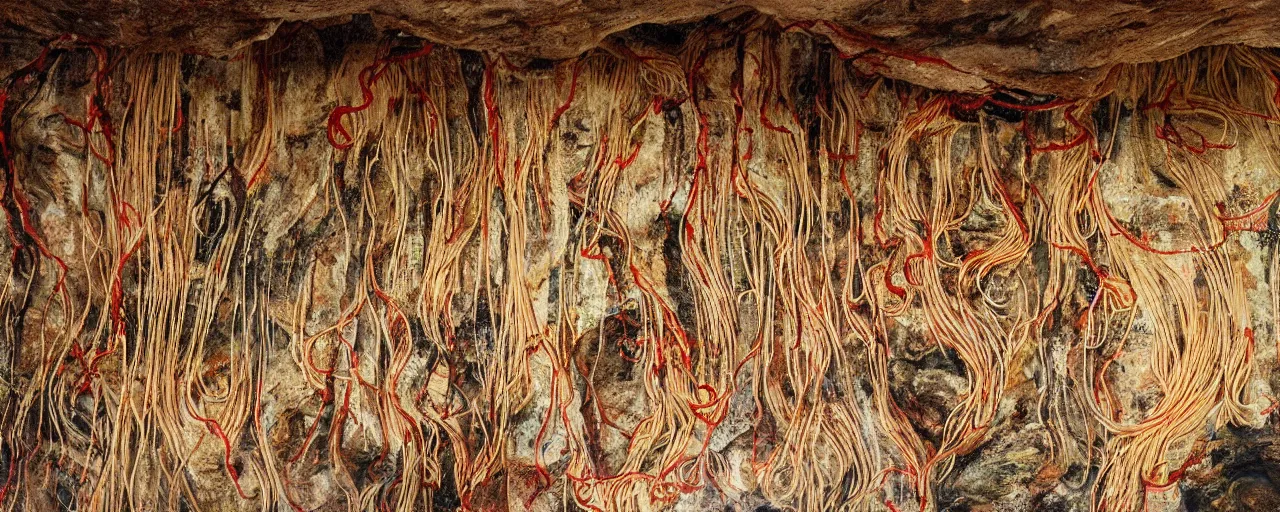 Image similar to wide shot spaghetti paintings on a cave wall, archaic, fine detail,