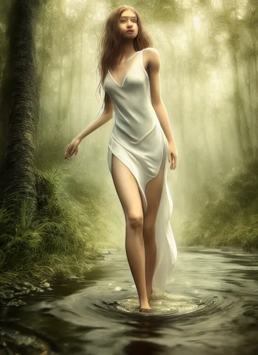 Prompt: young woman beautiful face : : wet hair and white dress : : raining forest nature : : weta disney pixar movie still photo : : decadent highly - detailed digital painting, full length shot, golden ratio, octane render, artstation, smooth, sharp focus, artgerm, mucha, loish, wlop, gogo