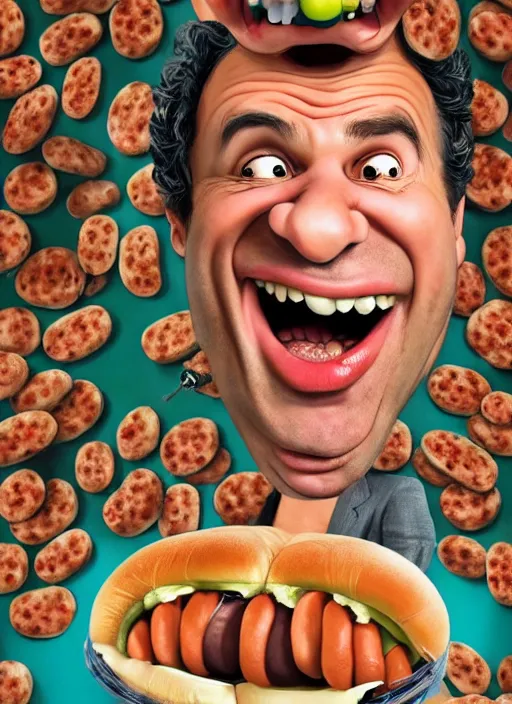 Prompt: hyperrealistic mark ruffalo caricature screaming on a dartboard surrounded by big fat frankfurter sausages with a trippy surrealist mark ruffalo screaming portrait by aardman animation and norman rockwell, mark ruffalo caricature dartboard with hot dogs, glitchcore