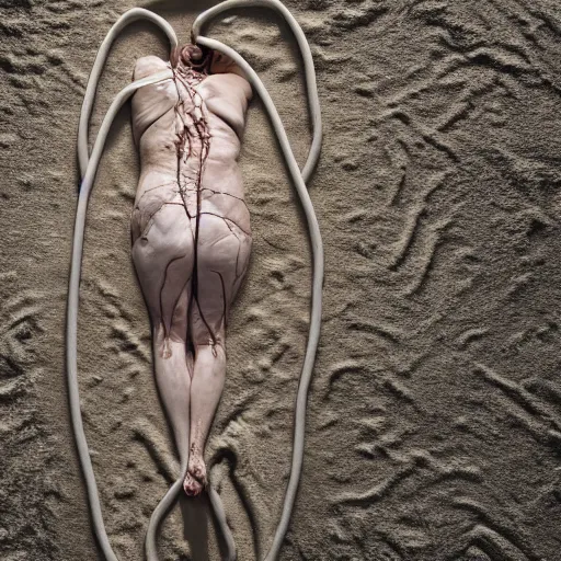 Prompt: overhead view a woman's corpse connected by an umbilical cord to a baby buried under oil slick, faded, depth of field,, ultra realistic, very detailed, by hans bellmer and nadav kander, 8 k hyper realistic detailed cinematic still