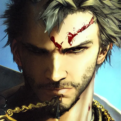 Prompt: portrait of a hero holding his sword in front of his face by yoji shinkawa, high quality, extra details, realism, ornate, colored, golden chain, blood, white skin, short hair, brown eyes, vivid, sunlight, dynamic,