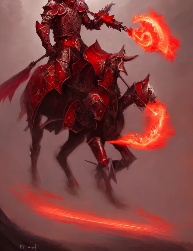 Image similar to a masked knight in crimson armour mounted on a spectral horse, holding a glowing red battle staff, by frank fazetta and peter mohrbacher, trending on artstation, digital art, 4 k resolution, detailed, high quality, hq artwork, coherent, insane detail, concept art, character concept, character full body portrait