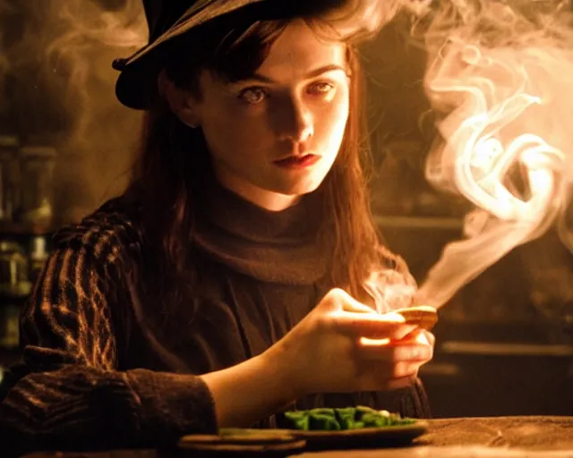 Image similar to close up portrait, dramatic lighting, concentration, calm confident teen witch and her cat mixing a spell in a cauldron, a little smoke fills the air, a witch hat and cape, a little green smoke is coming out of the cauldron, ingredients on the table, apothecary shelves in the background, still from harry potter