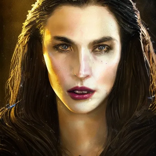 Image similar to majestic gracious regal aristocratic brunette female vampire portrait, atmospheric lighting, painted, menacingly bearing fangs, intricate, volumetric lighting, beautiful, rich deep colours masterpiece, golden hour, sharp focus, ultra detailed, by leesha hannigan, ross tran, thierry doizon, kai carpenter, ignacio fernandez rios