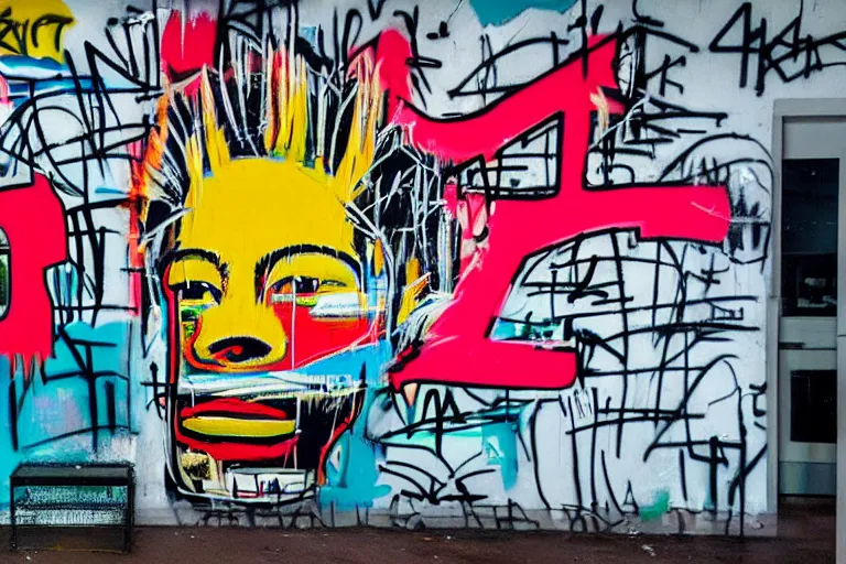 Prompt: basquiat bitcoin graffiti mural