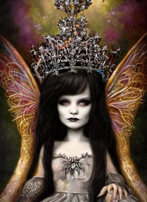 Image similar to highly detailed closeup portrait of a goth fairy princess wearing a crown and sitting on a throne, nicoletta ceccoli, mark ryden, lostfish, earl nore, global illumination, god rays, detailed and intricate environment