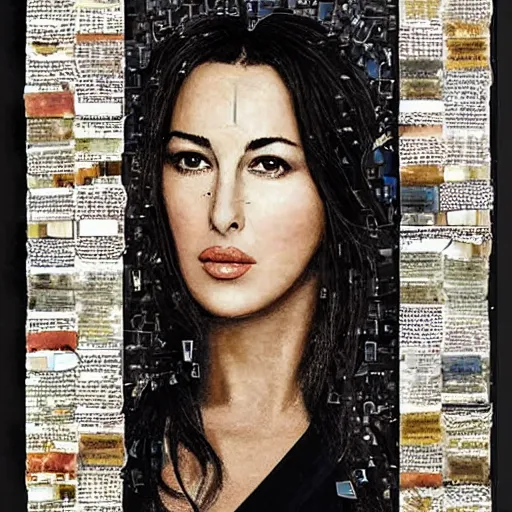 Image similar to a beautiful!!! collage art portrait of Monica Bellucci constructed from pages from alchemical grimoires, 8K, highly detailed, cryptic and mysterious, hypermaximalist, photorealistic