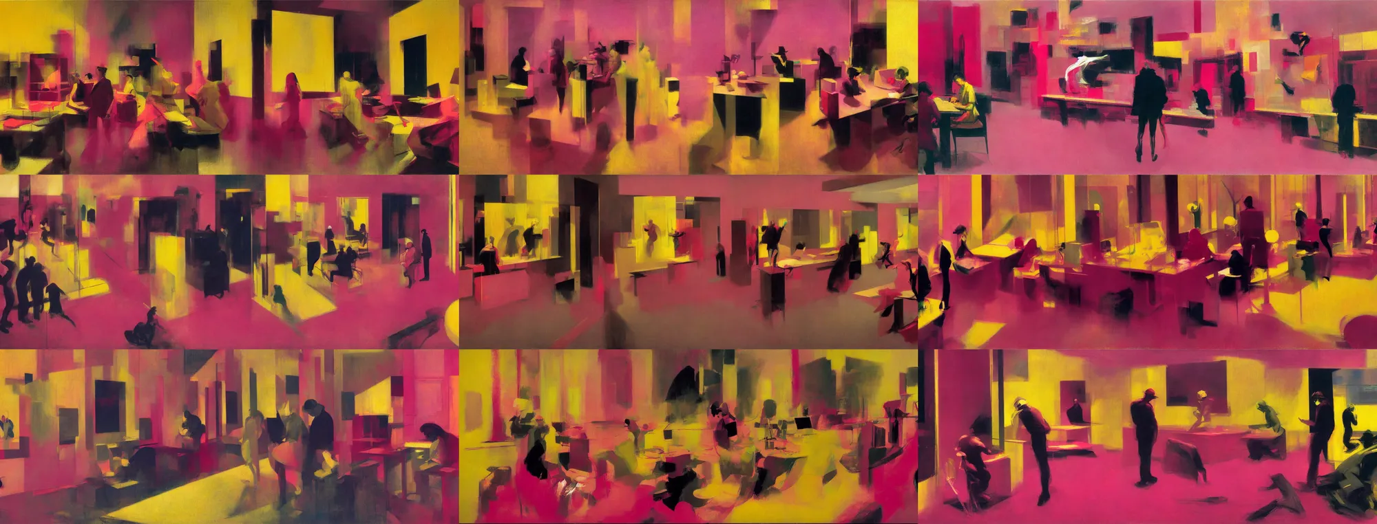 Prompt: people and circuits, abstract expressionism by francis bacon, edward hopper and craig mullins, detailed, 8 k resolution, pink, yellow, red - h 7 0 4