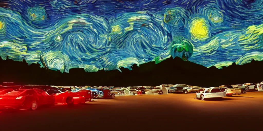 Image similar to a drive in movie theater with a line of cars, detailed, volumetric lighting, starry night, dusk