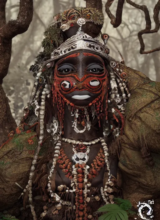 Image similar to elegba eshu in the bush of ghosts, highly detailed, rule of thirds, elegant, ornate textures, symmetrical, luxury, elite, james jean, brian froud, ross tran, 3 d render, cg society, photo realistic, super detailed, octane materials, octane render, 8 k