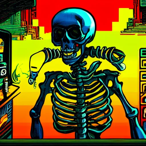 Prompt: a skeleton playing video games, it is visibly angry at the tv, detailed, outrun, synthwave, vaporwave