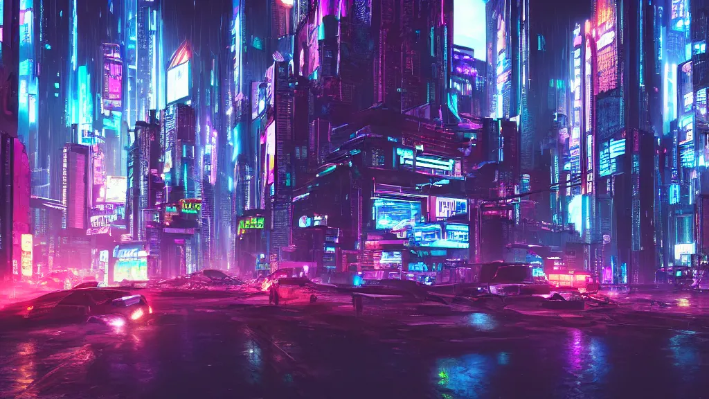 Cyberpunk city with neon lights, landscape, raining, | Stable Diffusion