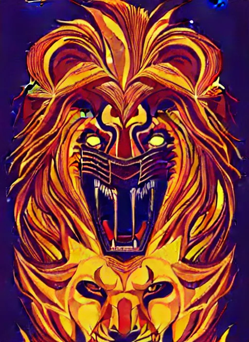 Prompt: concept art by dan mumford of a mask of symbolic lion, style of symbolism art style, digital painting, sharp focus, illustration