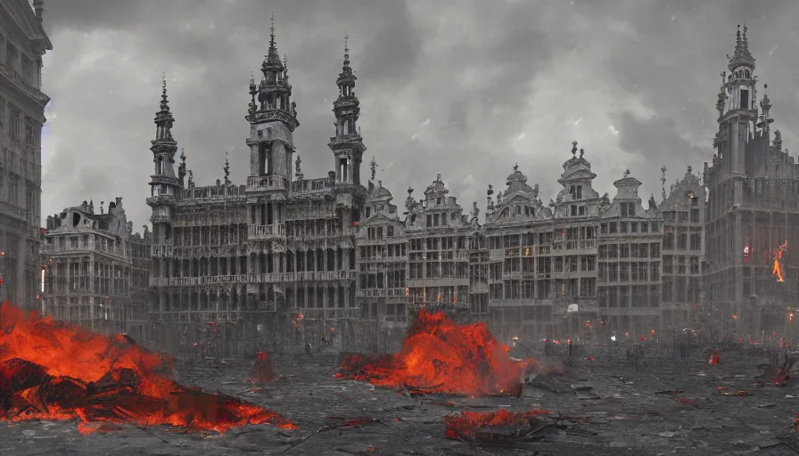 Prompt: destroyed grand place, brussels with fire and debris, grey sky, hyperdetailed, artstation, cgsociety, 8 k