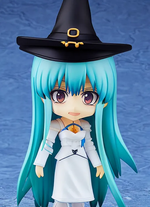 Image similar to nendoroid anime beautiful female witch, very long blue hair, detailed green eyes, pretty symmetrical face, fullbody, white robes blue skirt, anime, nendoroid,