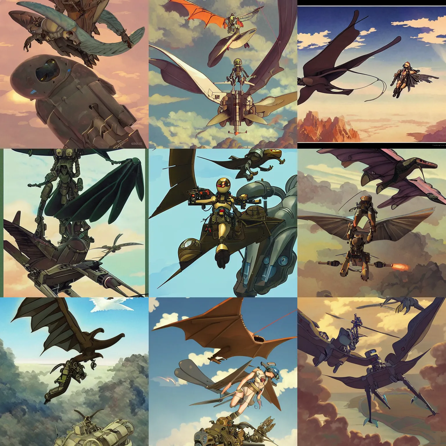 Prompt: A pterodactyl attacking a jetpack soldier in the sky, dieselpunk, detailed, artstation, digital illustration, by Kyoto Animation and Studio Ghibli, by Range Murata and Alphonse Mucha