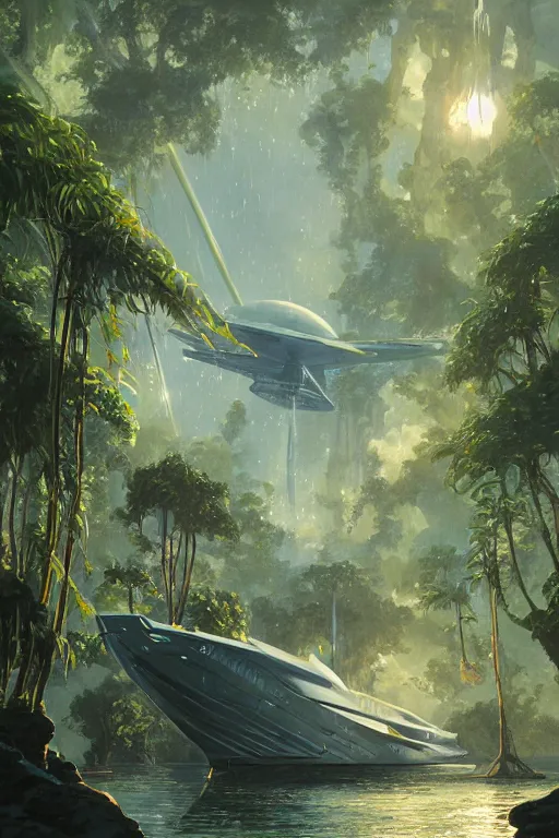 Prompt: a view of a frigate space ship in a magical tropical rain forest, D&D, fantasy, intricate, cinematic lighting, highly detailed, digital painting, artstation, concept art, smooth, sharp focus, illustration, art by Terry Moore and Greg Rutkowski and Alphonse Mucha