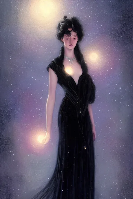 Image similar to Nocturne, glowing, stars, a long-legged elegant young princess, long black hair, pearl amulet, highly detailed, mysterious, ethereal, dressed in black velvet, haute couture, illustration, dramatic lighting, soft details, painting, by Edmund Blair Leighton, Brom, Charlie Bowater, trending on artstation, faces by otto schmidt