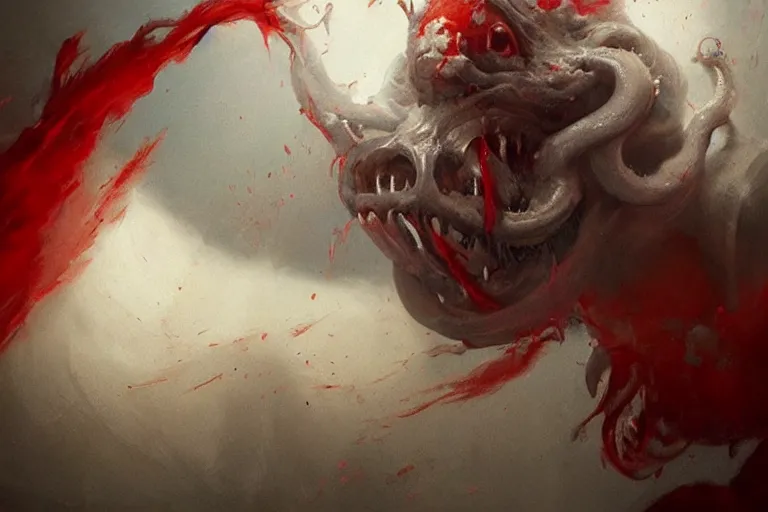 Image similar to painting by greg rutkowski of a flying human head and face that is chalk white in color, with tentacles coming of the neck, red eyes, flying in a terrying hell like cavernous place