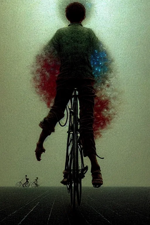 Prompt: young man riding a bicycle with a colorful energy, in the style of beksinski, solarpunk, atmospheric, clean, intricate and epic composition, gray by caravaggio, insanely quality, highly detailed, masterpiece, white light, artstation, 4 k