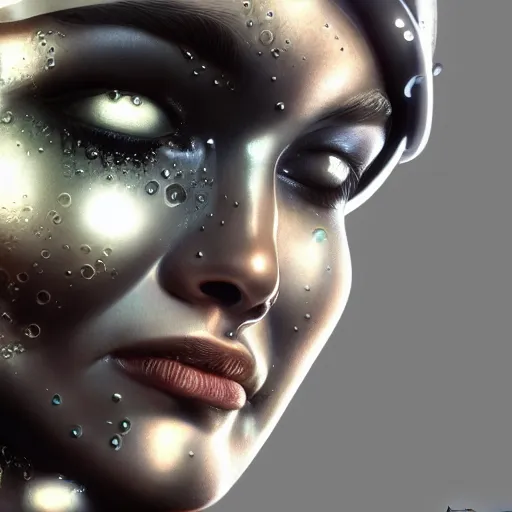 Prompt: cyborg sweating water, big drops of sweat,closeup on forehead only, by Hajime Sorayama, Gear Boxxxm airbrush art, highly realistic, trending on artstation, beautiful lighting, details, hyper-detailed, HD, HDR, 4K, 8K