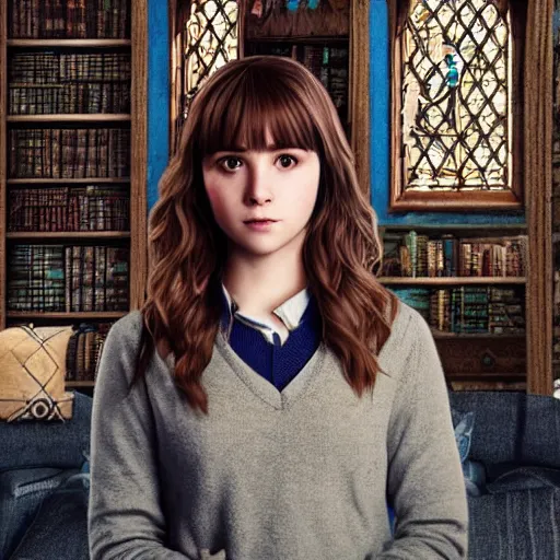 Image similar to A 4k portrait photo of Max Caulfield on the Ravenclaw common room in Hogwarts