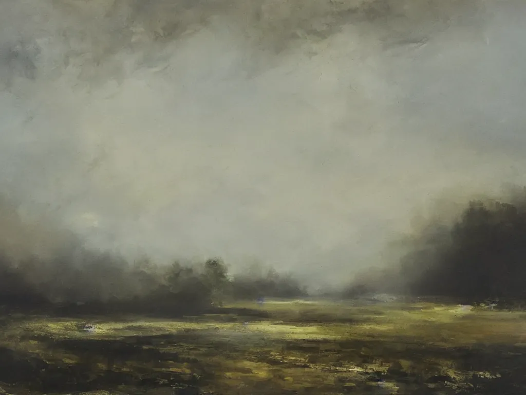 Image similar to morning landscape, painting by peter balke, oil on canvas