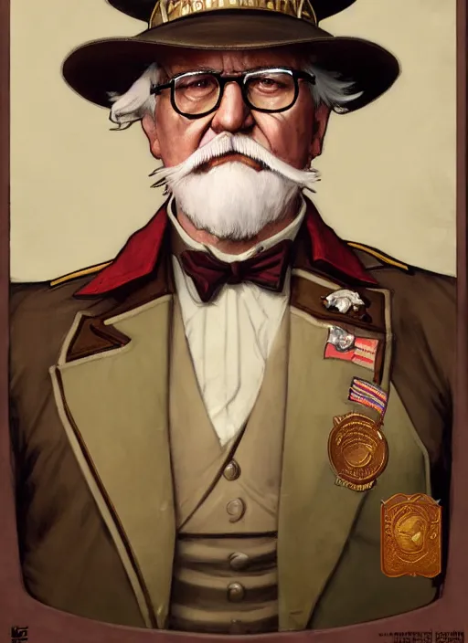 Image similar to close up portrait of colonel sanders, decorated civil war veteran, union uniform by artgerm, cushart krenz, greg rutkowski, mucha. art nouveau. gloomhaven, military symbolism, fried chicken, sharp edges. ultra clear detailed. 8 k. elegant, intricate, octane render