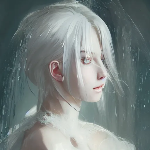 Image similar to Portrait of a white haired anime girl wearing a wet white lace nightgown, intricate, highly detailed, smooth, close-up, artstation, digital illustration by Ruan Jia