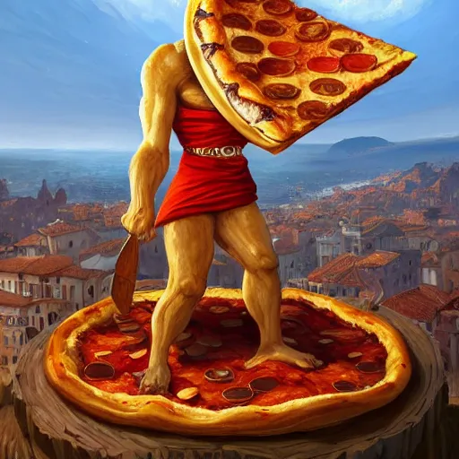 Image similar to ultra realistic illustration of giant made of pizza, pizza body, intricate, fantasy italy, epic landscape, highly detailed, digital painting, artstation, concept art, smooth, sharp focus, illustration, art by tim mcburnie and conar cross and anato finnstark